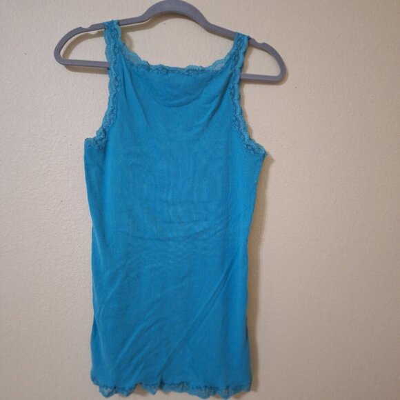Vintage 2000s Y2K American Eagle Teal Lace Trimmed Slim Fit Ribbed Tank Top  Siz - Picture 5 of 5